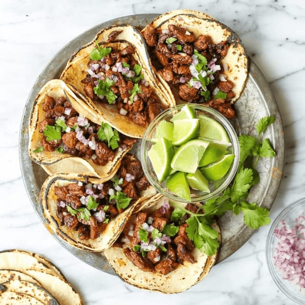 A metal platter holds five La Plaza Fiesta tacos with meat, red onion, cilantro, and lime wedges.